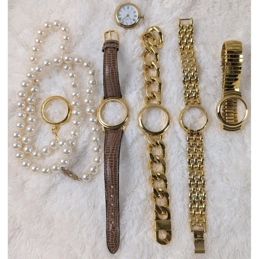 Vintage Circa Quartz Interchangeable Watch Set Gold Tone‎ Bands Faux Pearl...